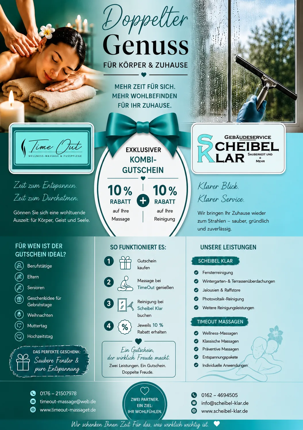 Flyer zum Kombi-Gutschein von Scheibel Klar und Time Out, groß